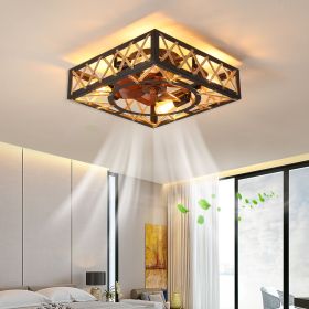 Farmhouse Rustic Ceiling Fan and Remote Control,Square Caged Industrial Ceiling Fixture with 6 Speeds & Noiseless DC Motor for Kitchen Dining Room Li