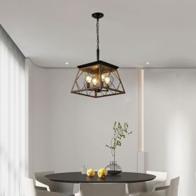 (Same as W1340111202/L1008) 16" Walnut Industrial 4-Light Pendant Chandelier, Modern Metal Cage Design, Adjustable Hanging Light for Dining Room, Kit