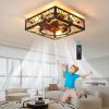 Farmhouse Rustic Ceiling Fan and Remote Control,Square Caged Industrial Ceiling Fixture with 6 Speeds & Noiseless DC Motor for Kitchen Dining Room Li