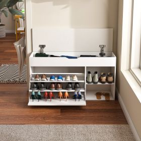 Entryway Bench with Shoe Storage,Adjustable 3-Tier Flip-Up Drawers & Hidden Cabinet,Space-Saving Shoe Organizer,Triple Storage and Modern Design,for
