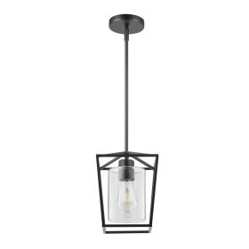 1-Light Black Pendant Light, 1 Pack, Farmhouse Iron Cage Metal Pendant Lighting with Clear Glass Shade, Adjustable Height Hanging Ceiling Lighting fo