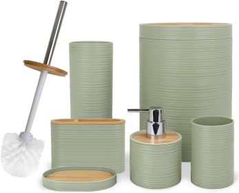 Bathroom Accessories Set 6 Piece Bamboo Bath Ensemble Includes Soap Dispenser, Toothbrush Holder, Toothbrush Cup