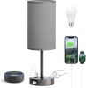 Grey Nightstand Bedroom Lamp - 3 Way Dimmable Bedside Lamp USB C A Charging Ports and AC Outlet, Small Table Lamp Linen Lampshade for Office Desk