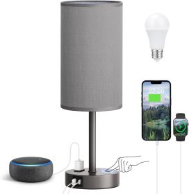Grey Nightstand Bedroom Lamp - 3 Way Dimmable Bedside Lamp USB C A Charging Ports and AC Outlet, Small Table Lamp Linen Lampshade for Office Desk