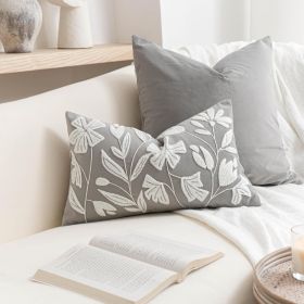 BlissBlush Grey Velvet Decorative Lumbar Throw Pillow Cover 12X20, Light Gray Floral Tufted Soft Farmhouse Textured Pillowcase, Accent Pillowcase for