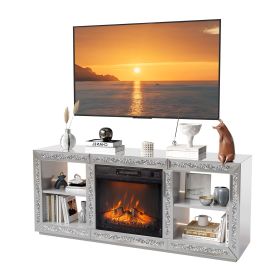 Silver Mirror Modern TV Stand with 18 Inch Fireplace Insert & Storage Shelves, Medium Density Fiberboard Fireplace TV Console for Living Room, 143 x