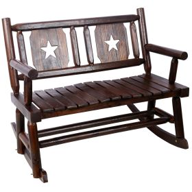 Outdoor Wood Rocking Bench Carbonized Double Rocking Chair for 2 Persons with Wide Curved Seat, Porch Rocker for Porch, Garden, Backyard, Rustic Brow