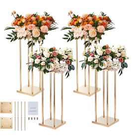4PCS Gold Metal Column Wedding Flower Stand, 31.5inch High With Metal Laminate, Vase Geometric Centerpiece Stands, Cylindrical Floral Display Rack fo