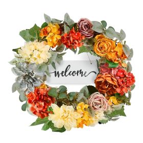 Artificial Decorative Wreath, 24 in, Red Orange Yellow, Decorated with Hydrangeas, Roses, Wooden Sign, Year Round Wreath for All Seasons Indoor and O