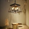 (Same as W1340111202/L1008) 16" Walnut Industrial 4-Light Pendant Chandelier, Modern Metal Cage Design, Adjustable Hanging Light for Dining Room, Kit