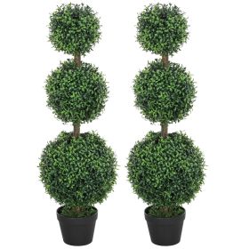 Set of 2 Artificial Ball Boxwood Topiary Trees, Fake Plants in Pot for Indoor Outdoor Living Room Green
