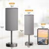 Grey Nightstand Bedroom Lamp - 3 Way Dimmable Bedside Lamp USB C A Charging Ports and AC Outlet, Small Table Lamp Linen Lampshade for Office Desk