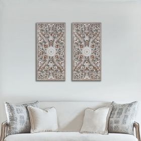 2 PCS Botanical Panel Distressed Carved Wood Wall Decor Set (Color: as Pic)