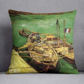 Quay with Men Unloading Sand Barges by Van Gogh Cushion (Insert: Without Insert, size: 16" X 16")