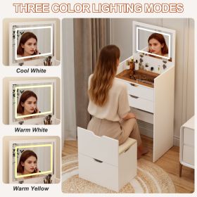 Dressing Table and Stool, 3-in-1 Multifunctional Dressing Table Set, Featuring Three-color Lighting Modes, HD Mirror, Two Sliding Drawers, and a Hidd (Color: White)
